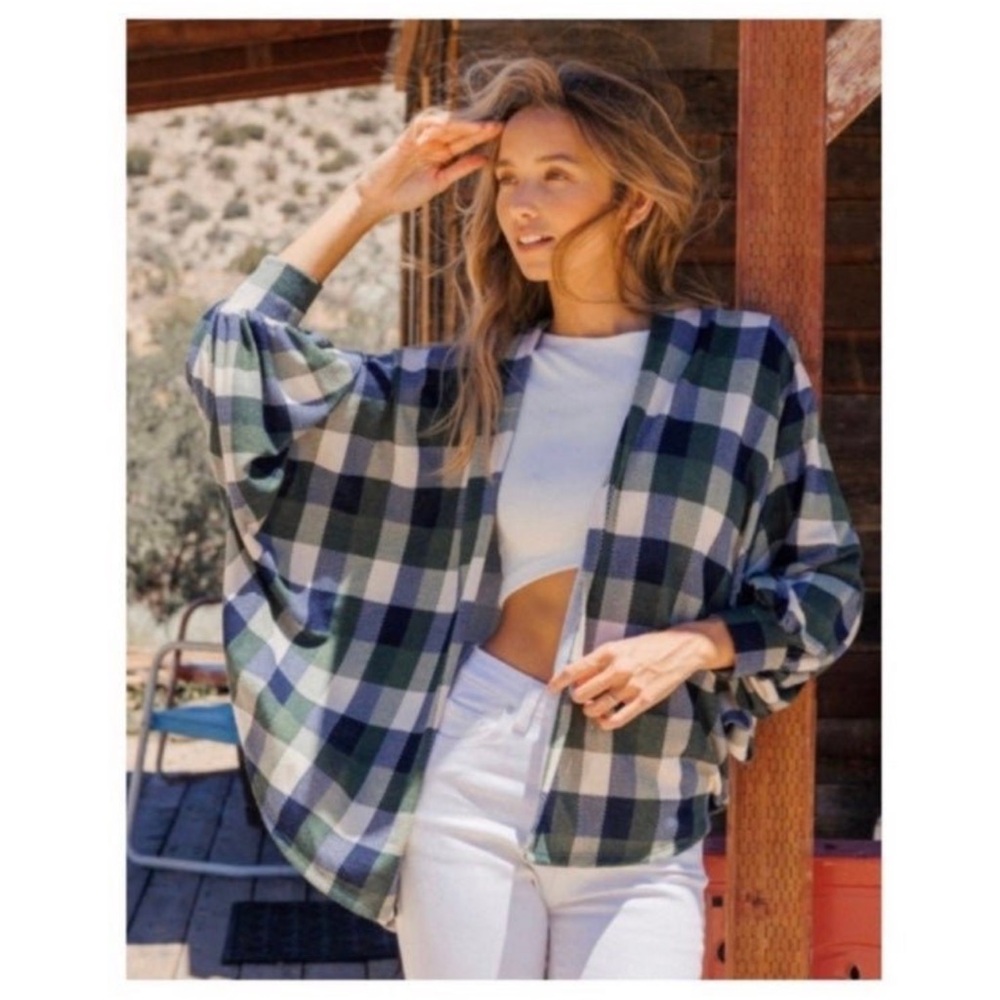 New Fall  Green,Navy, Ivory Checkered Plaid Lightweight Open Cardigan/Kimono